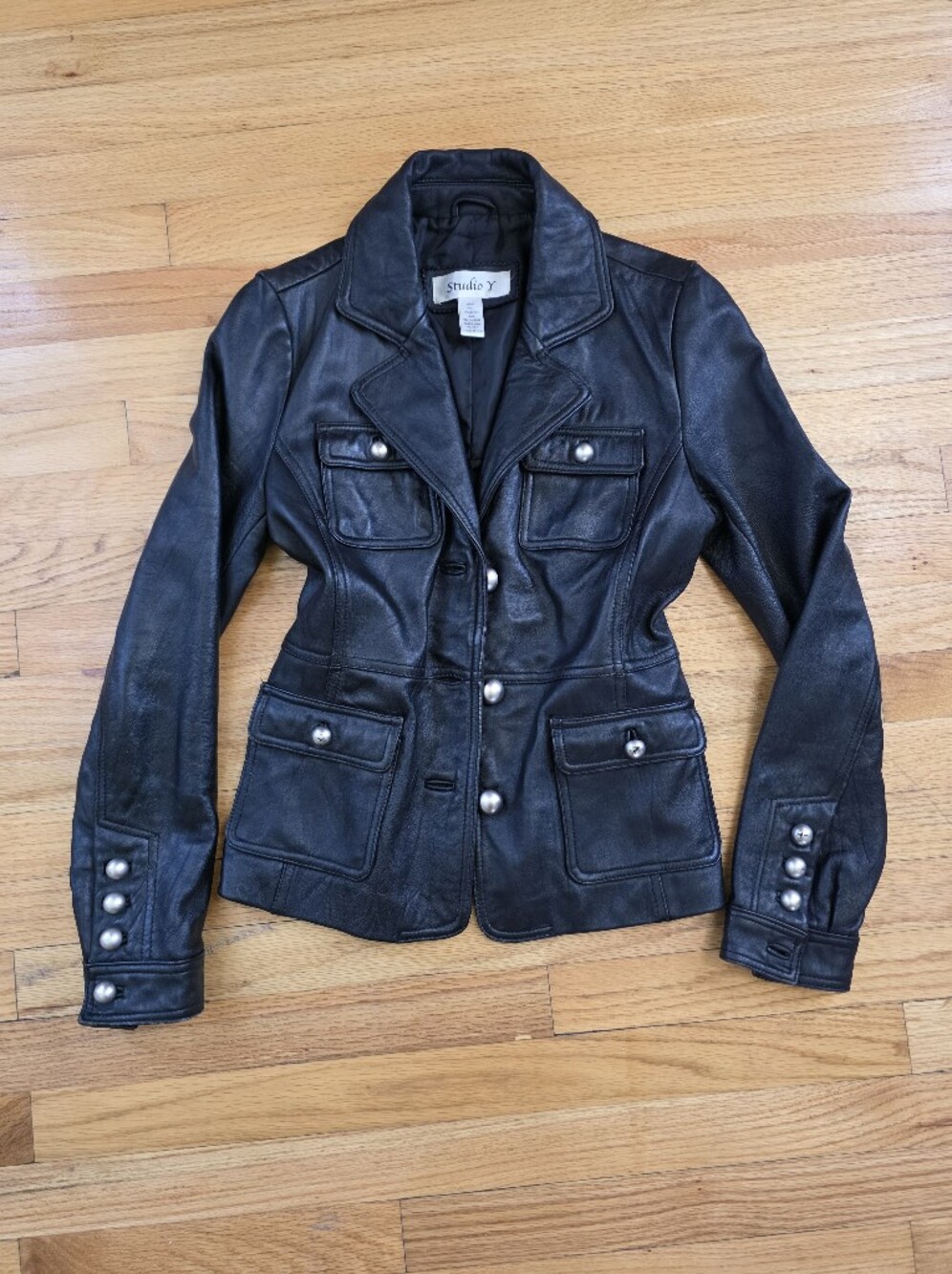 Vtg Black Leather 4-Pocket Military Style Utility Jacket Silver Point Collar XS